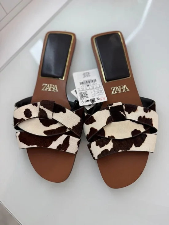 Zara Brown & White Cow-Print Slide Sandals with Gold Logo - Picture 1 of 4